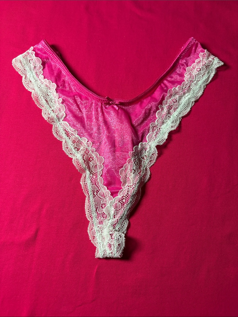 Victoria's Secret Hot Pink Bikini Panty with Ivory Lace Trim